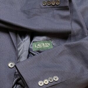 Ralph Lauren 44L Long Blue Houndstooth Sport Coat Blazer Jacket Travel Stretch